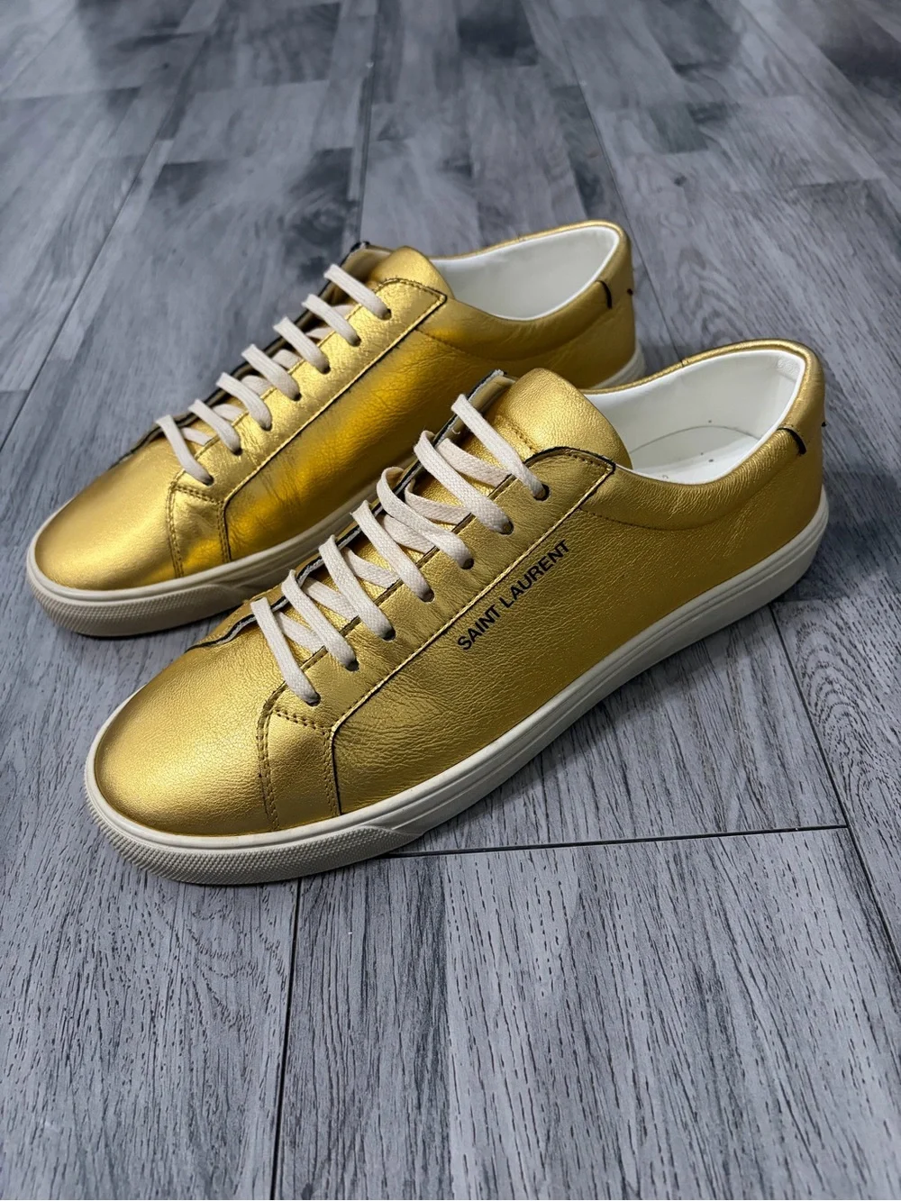 Saint Laurent Andy Metallic Gold Low-Top Sneakers with White Laces
